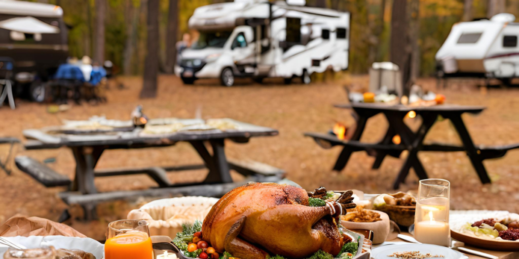 picnic table with Thanksgiving turkey at campground